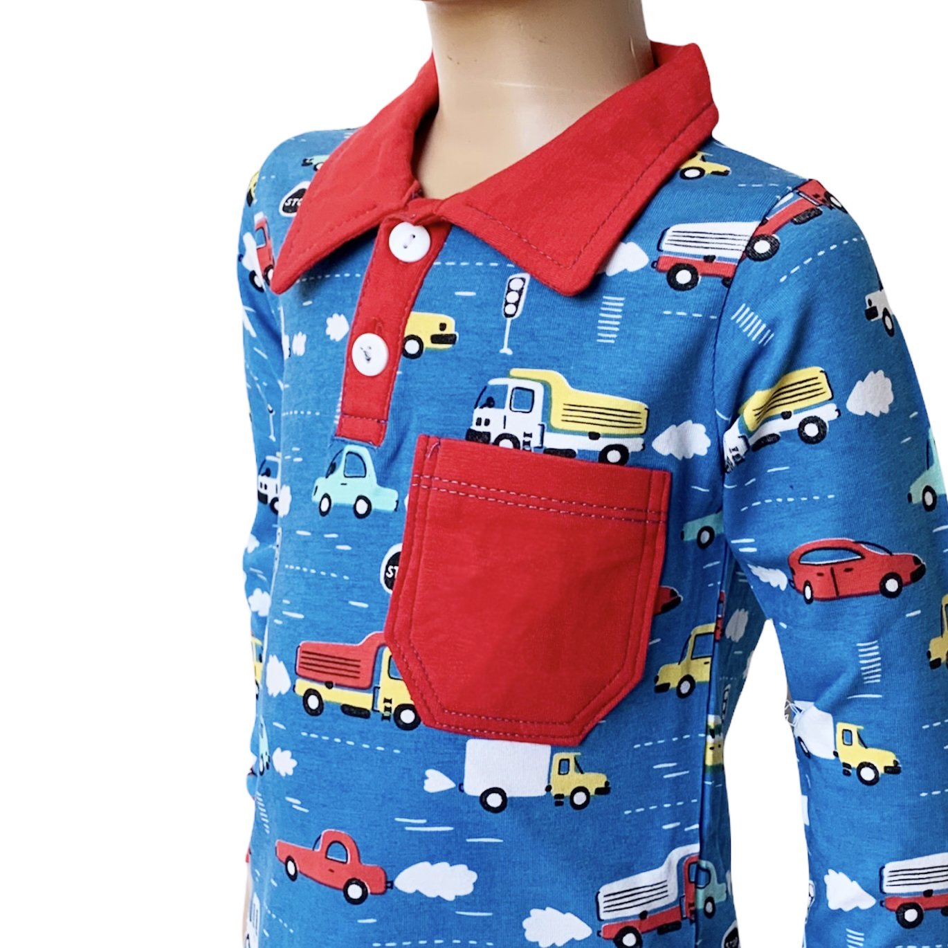 AnnLoren Toddler & Big Boys Long Sleeve Polo Shirt featuring a red collar, pocket, and colorful automobile print with cars, trucks, and buses.